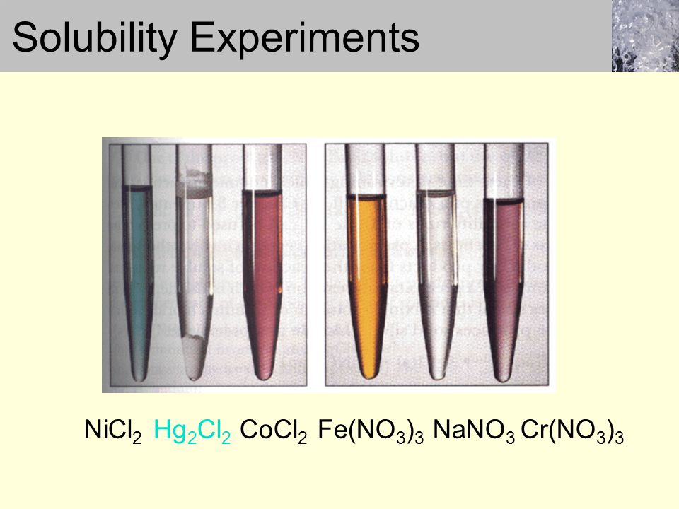 Solubility Experiments NiCl 2 Hg 2 Cl 2 CoCl 2 Fe(NO 3 ) 3 NaNO 3 Cr(NO 3 ) 3