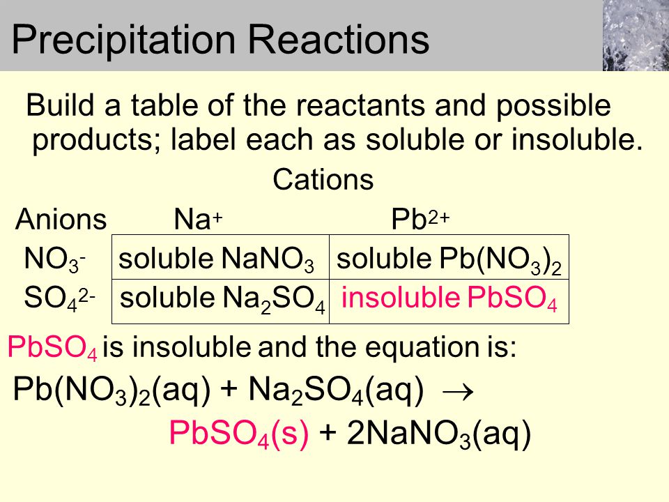 Build a table of the reactants and possible products; label each as soluble or insoluble.