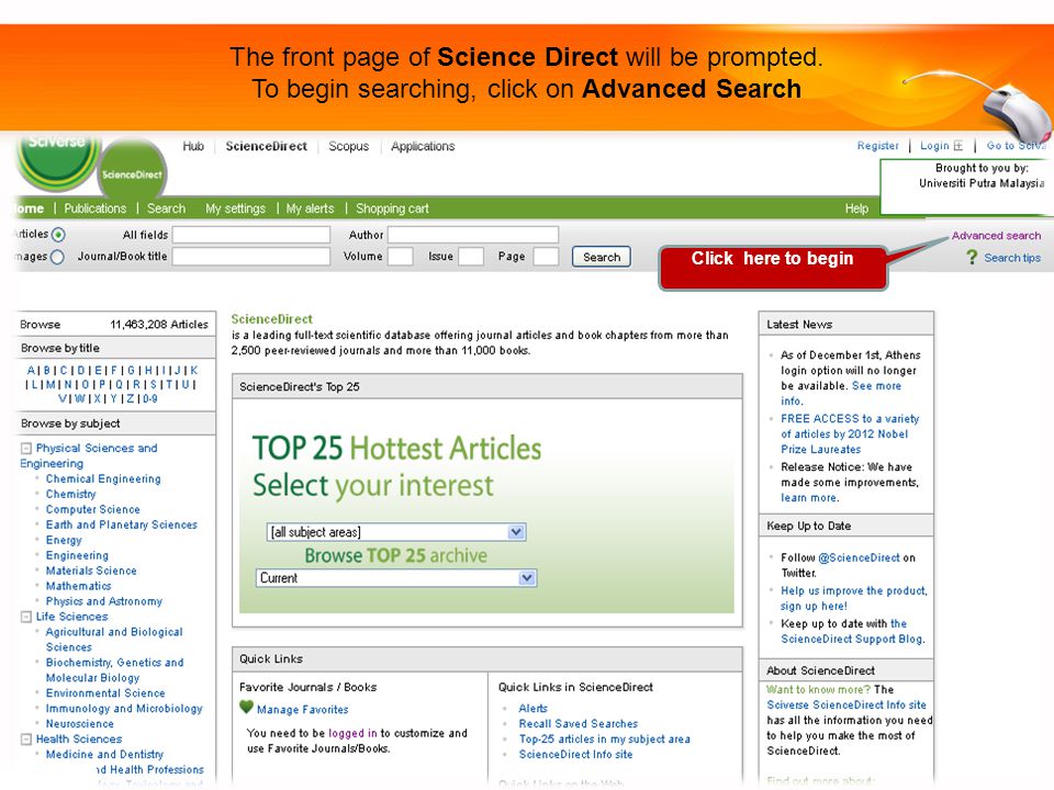 The front page of Science Direct will be prompted.