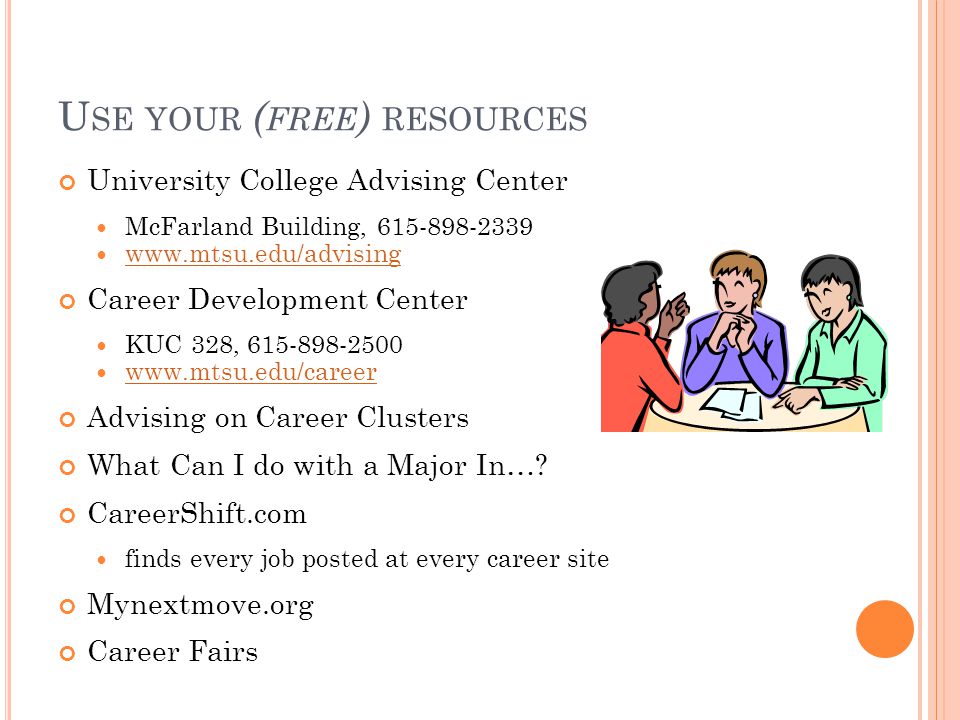 U SE YOUR ( FREE ) RESOURCES University College Advising Center McFarland Building, Career Development Center KUC 328, Advising on Career Clusters What Can I do with a Major In….