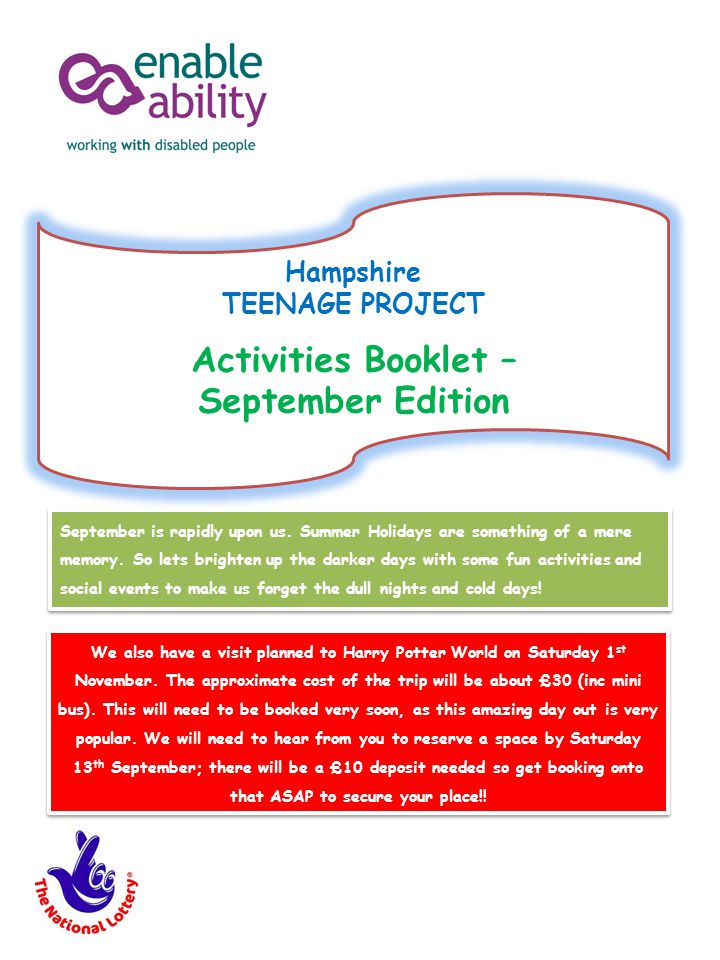 Hampshire TEENAGE PROJECT Activities Booklet – September Edition September is rapidly upon us.
