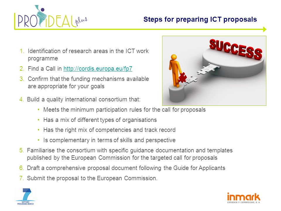 1.Identification of research areas in the ICT work programme 2.Find a Call in   3.Confirm that the funding mechanisms available are appropriate for your goals Steps for preparing ICT proposals 4.Build a quality international consortium that: Meets the minimum participation rules for the call for proposals Has a mix of different types of organisations Has the right mix of competencies and track record Is complementary in terms of skills and perspective 5.Familiarise the consortium with specific guidance documentation and templates published by the European Commission for the targeted call for proposals 6.Draft a comprehensive proposal document following the Guide for Applicants 7.Submit the proposal to the European Commission.