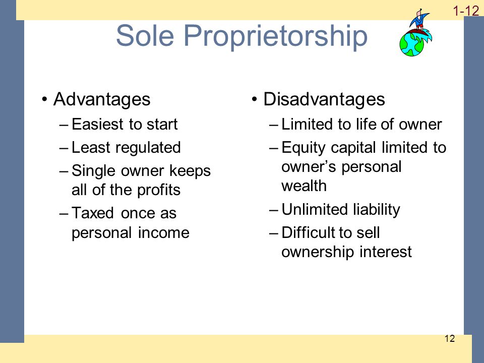 Sole Proprietorship Advantages –Easiest to start –Least regulated –Single owner keeps all of the profits –Taxed once as personal income Disadvantages –Limited to life of owner –Equity capital limited to owner’s personal wealth –Unlimited liability –Difficult to sell ownership interest