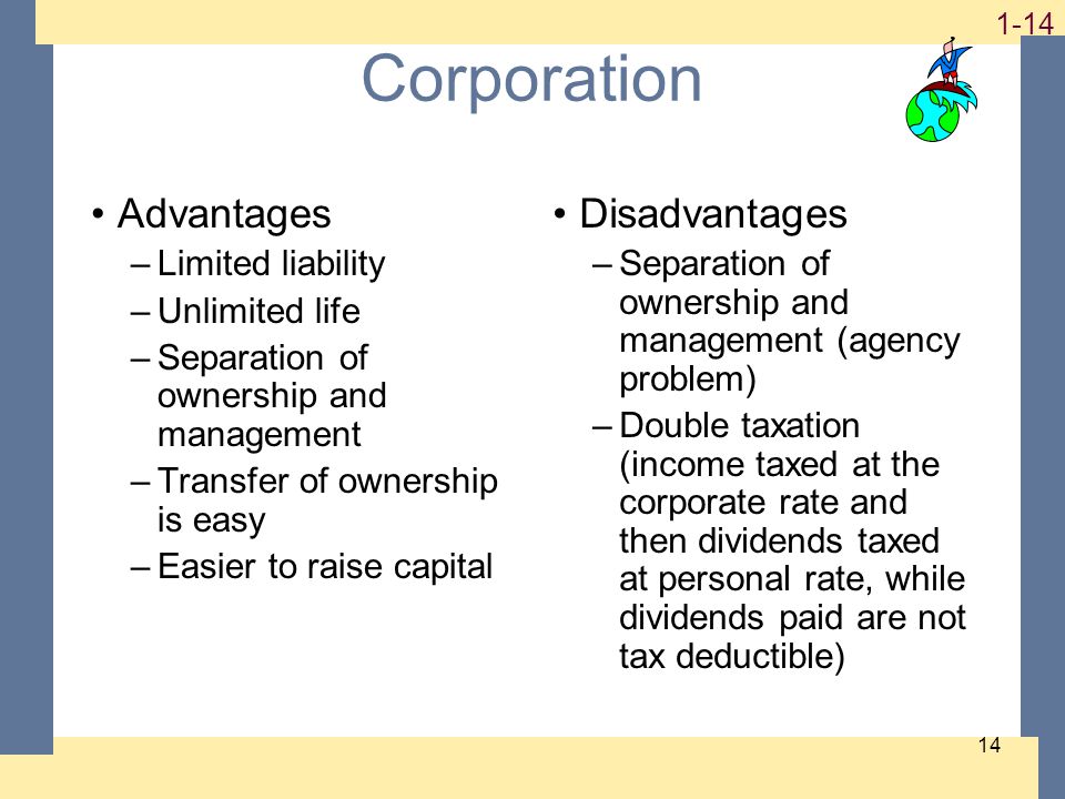 Corporation Advantages –Limited liability –Unlimited life –Separation of ownership and management –Transfer of ownership is easy –Easier to raise capital Disadvantages –Separation of ownership and management (agency problem) –Double taxation (income taxed at the corporate rate and then dividends taxed at personal rate, while dividends paid are not tax deductible)