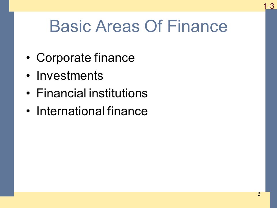 1-3 3 Basic Areas Of Finance Corporate finance Investments Financial institutions International finance