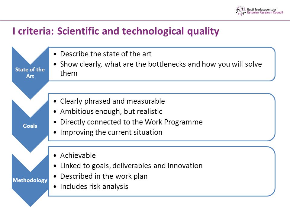 State of the Art Describe the state of the art Show clearly, what are the bottlenecks and how you will solve them Goals Clearly phrased and measurable Ambitious enough, but realistic Directly connected to the Work Programme Improving the current situation Methodology Achievable Linked to goals, deliverables and innovation Described in the work plan Includes risk analysis I criteria: Scientific and technological quality