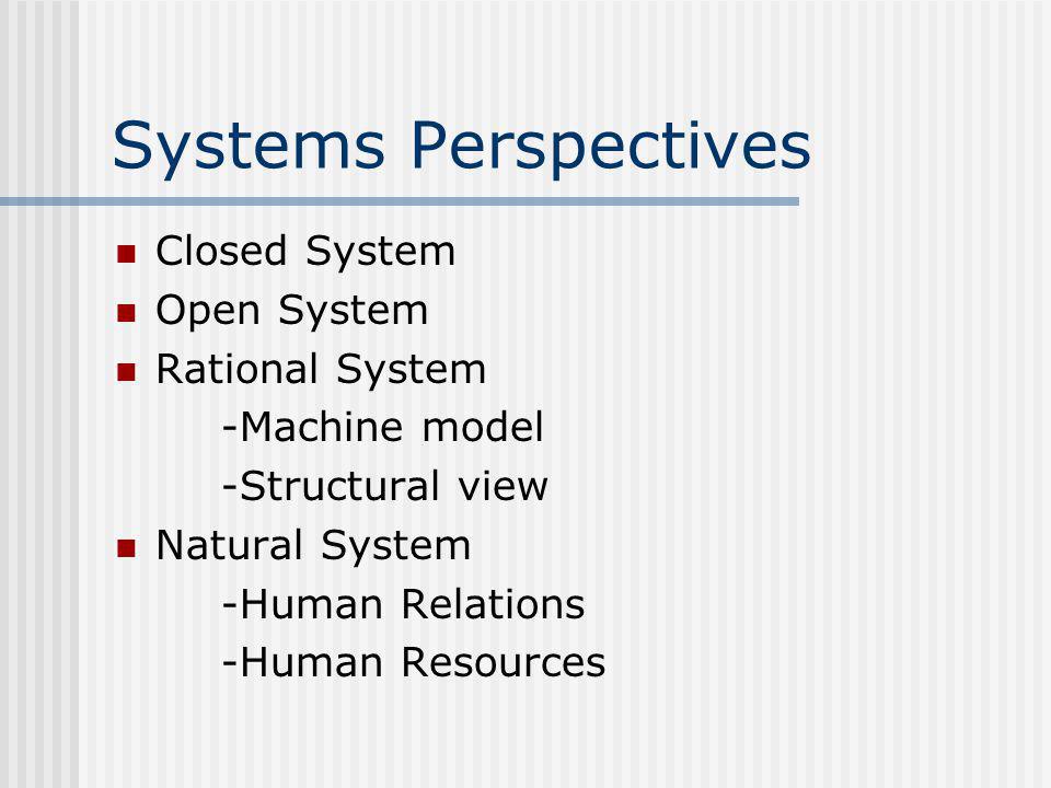 Systems Perspectives Closed System Open System Rational System -Machine model -Structural view Natural System -Human Relations -Human Resources