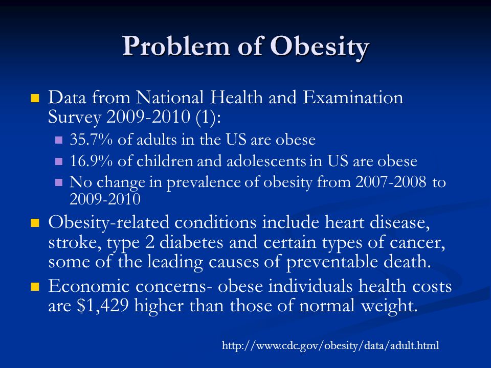 Problem of Obesity Data from National Health and Examination Survey (1): 35.7% of adults in the US are obese 16.9% of children and adolescents in US are obese No change in prevalence of obesity from to Obesity-related conditions include heart disease, stroke, type 2 diabetes and certain types of cancer, some of the leading causes of preventable death.