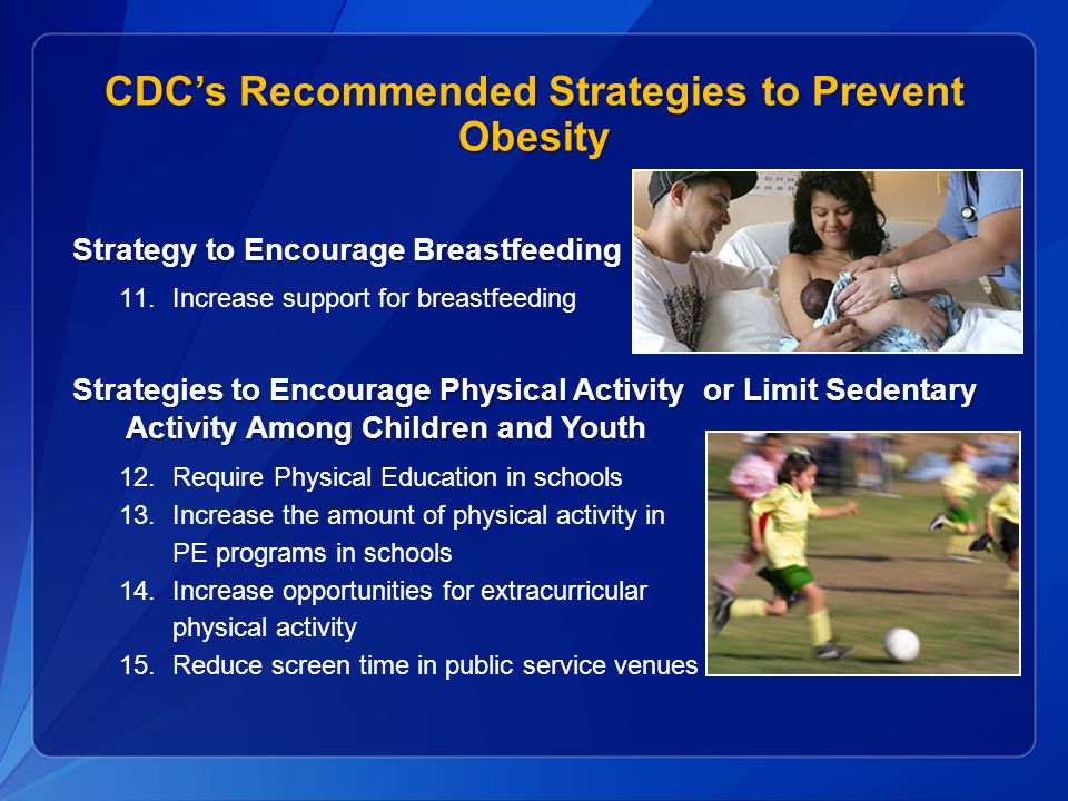 CDC’s Recommended Strategies to Prevent Obesity Strategy to Encourage Breastfeeding 11.Increase support for breastfeeding Strategies to Encourage Physical Activity or Limit Sedentary Activity Among Children and Youth 12.Require Physical Education in schools 13.Increase the amount of physical activity in PE programs in schools 14.Increase opportunities for extracurricular physical activity 15.Reduce screen time in public service venues