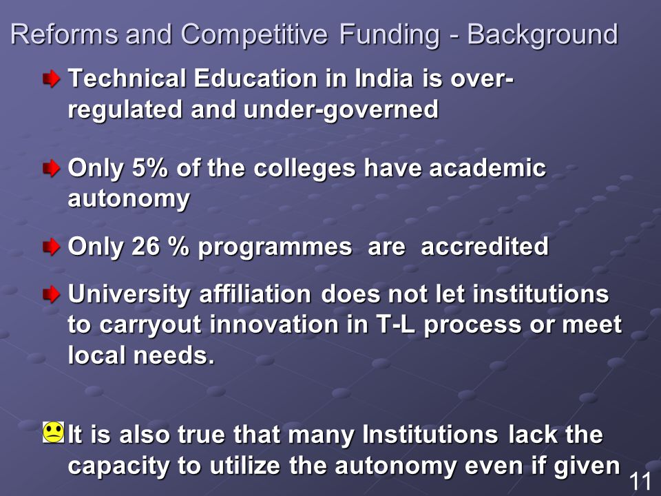 Reforms and Competitive Funding - Background Technical Education in India is over- regulated and under-governed Only 5% of the colleges have academic autonomy Only 26 % programmes are accredited University affiliation does not let institutions to carryout innovation in T-L process or meet local needs.