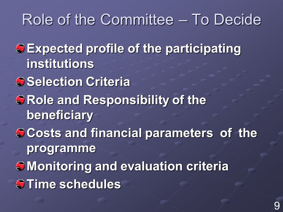Role of the Committee – To Decide Expected profile of the participating institutions Selection Criteria Role and Responsibility of the beneficiary Costs and financial parameters of the programme Monitoring and evaluation criteria Time schedules 9