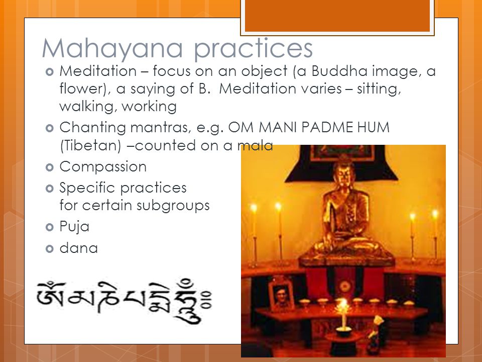 Mahayana practices  Meditation – focus on an object (a Buddha image, a flower), a saying of B.
