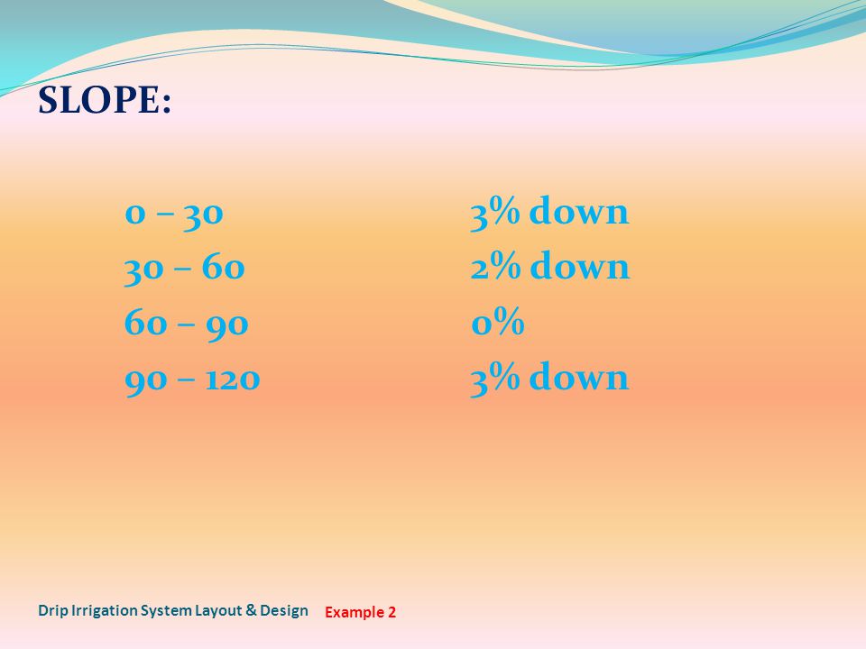 SLOPE: 0 – 303% down 30 – 60 2% down 60 – 900% 90 – 1203% down Drip Irrigation System Layout & Design Example 2