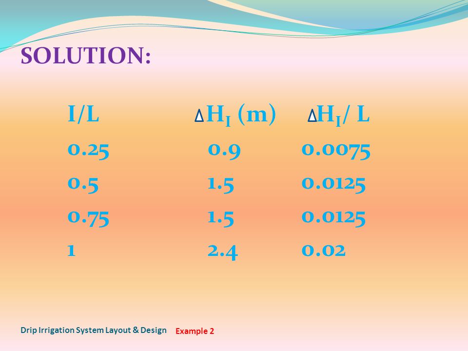 SOLUTION: I/L H I (m) H I / L Drip Irrigation System Layout & Design Example 2