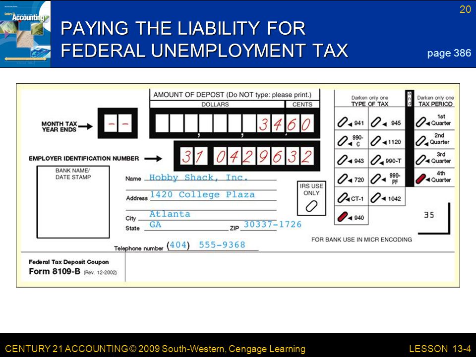 CENTURY 21 ACCOUNTING © 2009 South-Western, Cengage Learning 20 LESSON 13-4 PAYING THE LIABILITY FOR FEDERAL UNEMPLOYMENT TAX page 386