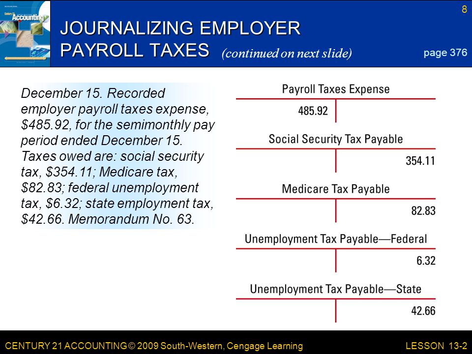 CENTURY 21 ACCOUNTING © 2009 South-Western, Cengage Learning 8 LESSON 13-2 JOURNALIZING EMPLOYER PAYROLL TAXES page 376 December 15.