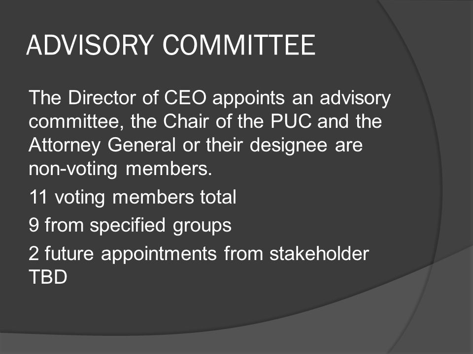 ADVISORY COMMITTEE The Director of CEO appoints an advisory committee, the Chair of the PUC and the Attorney General or their designee are non-voting members.