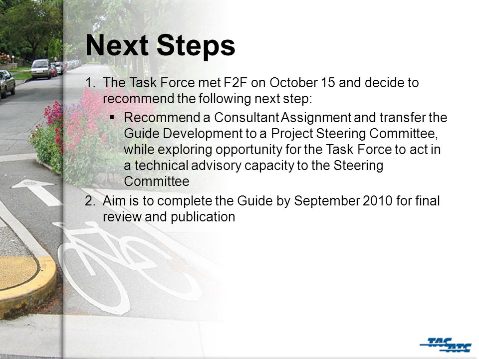 Next Steps 1.The Task Force met F2F on October 15 and decide to recommend the following next step:  Recommend a Consultant Assignment and transfer the Guide Development to a Project Steering Committee, while exploring opportunity for the Task Force to act in a technical advisory capacity to the Steering Committee 2.Aim is to complete the Guide by September 2010 for final review and publication