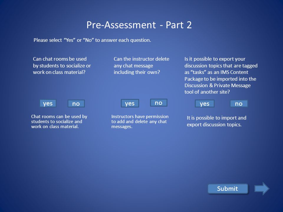 yes no Submit Pre-Assessment - Part 1 Is a close-ended question a good way to generate long and engaging discussion in the online learning environment/community.
