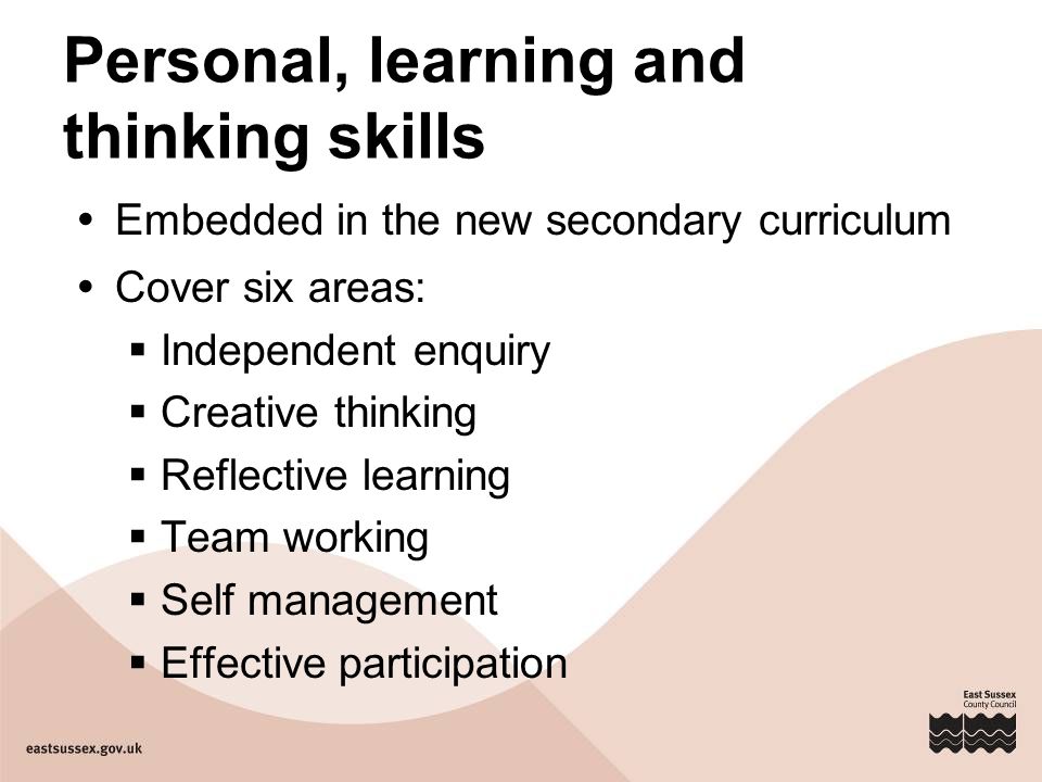 Personal, learning and thinking skills  Embedded in the new secondary curriculum  Cover six areas:  Independent enquiry  Creative thinking  Reflective learning  Team working  Self management  Effective participation