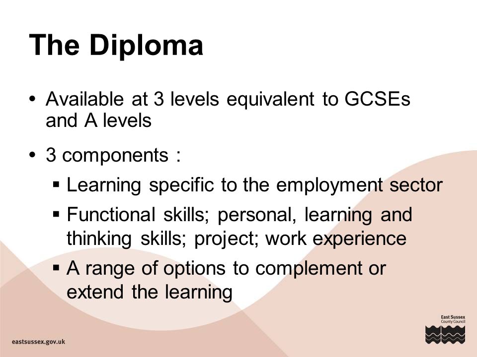 The Diploma  Available at 3 levels equivalent to GCSEs and A levels  3 components :  Learning specific to the employment sector  Functional skills; personal, learning and thinking skills; project; work experience  A range of options to complement or extend the learning