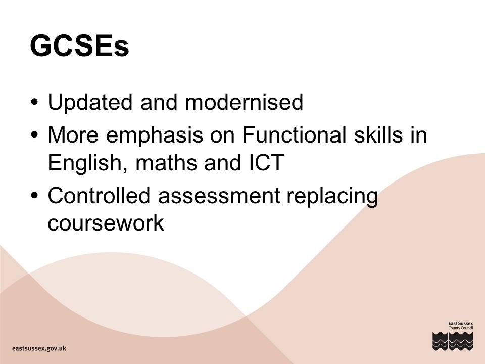 GCSEs  Updated and modernised  More emphasis on Functional skills in English, maths and ICT  Controlled assessment replacing coursework