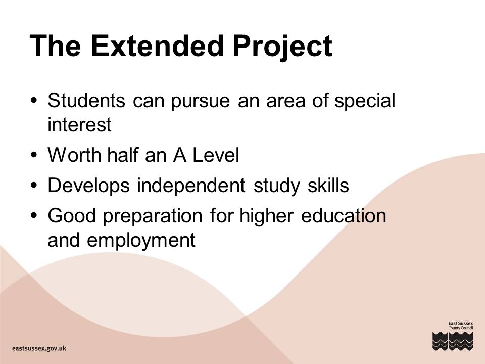 The Extended Project  Students can pursue an area of special interest  Worth half an A Level  Develops independent study skills  Good preparation for higher education and employment