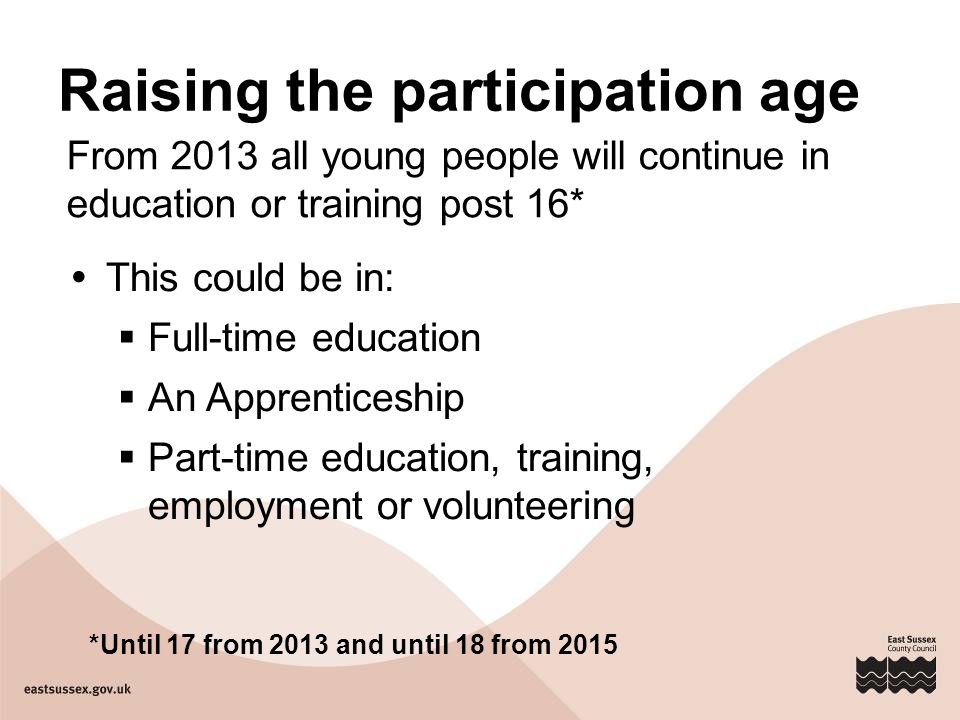 Raising the participation age  This could be in:  Full-time education  An Apprenticeship  Part-time education, training, employment or volunteering *Until 17 from 2013 and until 18 from 2015 From 2013 all young people will continue in education or training post 16*