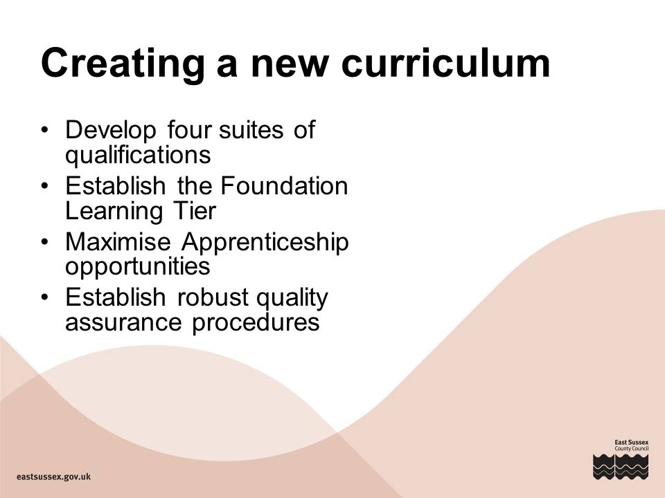 Creating a new curriculum Develop four suites of qualifications Establish the Foundation Learning Tier Maximise Apprenticeship opportunities Establish robust quality assurance procedures