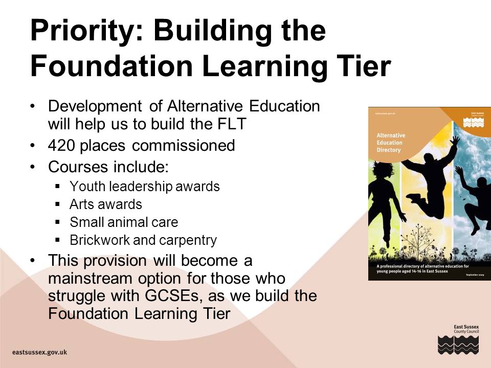 Priority: Building the Foundation Learning Tier Development of Alternative Education will help us to build the FLT 420 places commissioned Courses include:  Youth leadership awards  Arts awards  Small animal care  Brickwork and carpentry This provision will become a mainstream option for those who struggle with GCSEs, as we build the Foundation Learning Tier