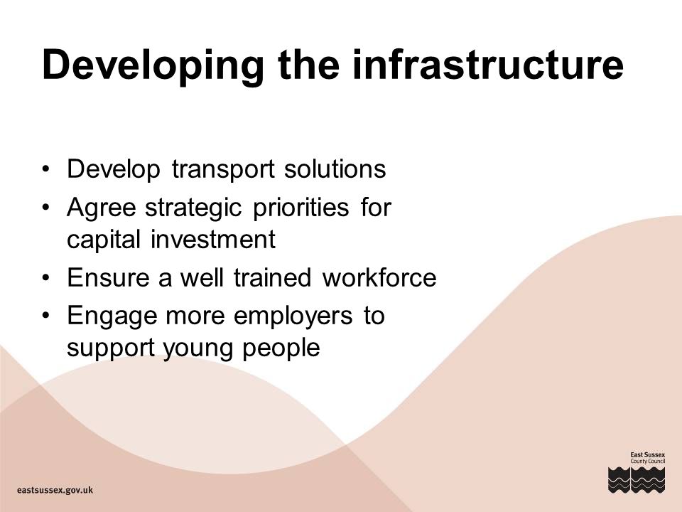 Developing the infrastructure Develop transport solutions Agree strategic priorities for capital investment Ensure a well trained workforce Engage more employers to support young people