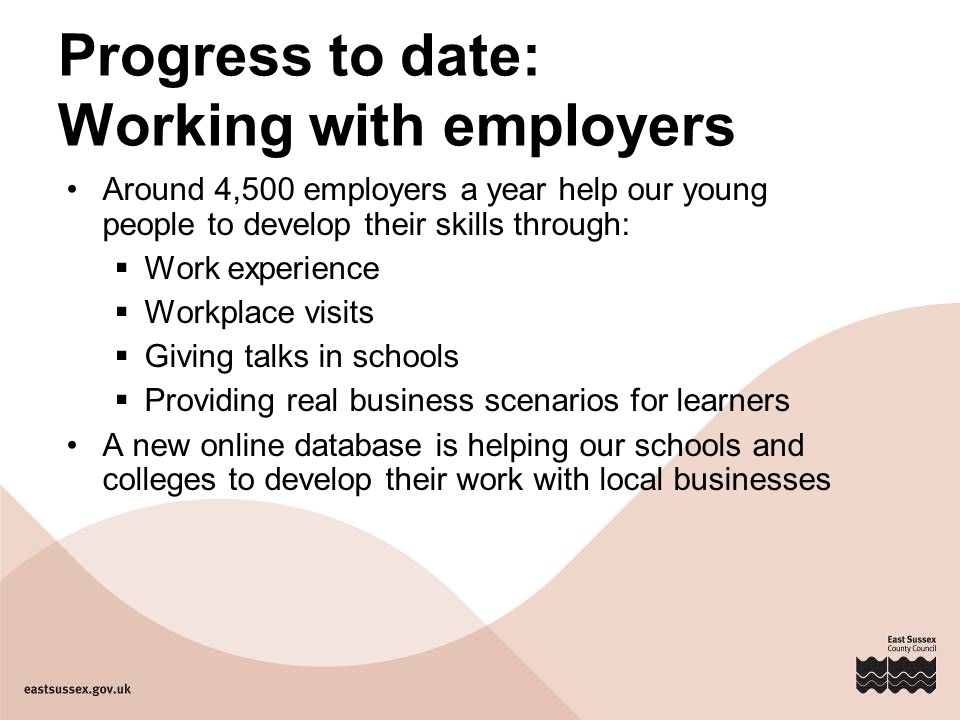 Progress to date: Working with employers Around 4,500 employers a year help our young people to develop their skills through:  Work experience  Workplace visits  Giving talks in schools  Providing real business scenarios for learners A new online database is helping our schools and colleges to develop their work with local businesses