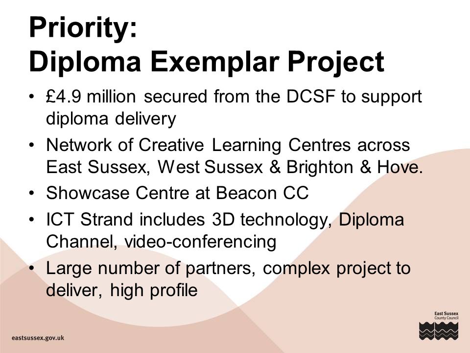 Priority: Diploma Exemplar Project £4.9 million secured from the DCSF to support diploma delivery Network of Creative Learning Centres across East Sussex, West Sussex & Brighton & Hove.