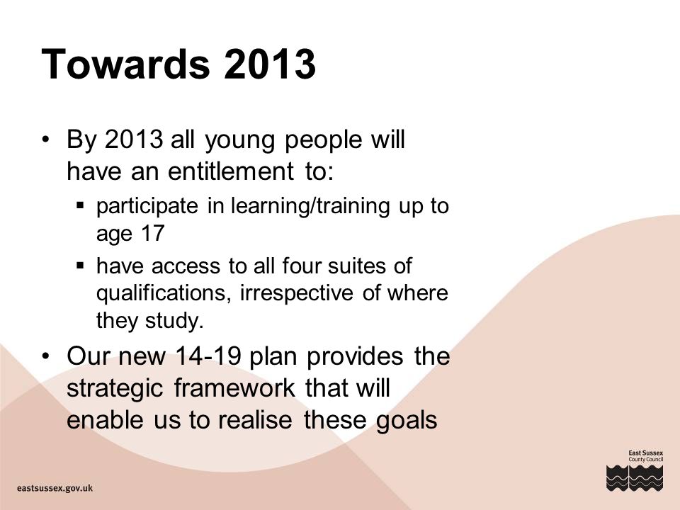 Towards 2013 By 2013 all young people will have an entitlement to:  participate in learning/training up to age 17  have access to all four suites of qualifications, irrespective of where they study.