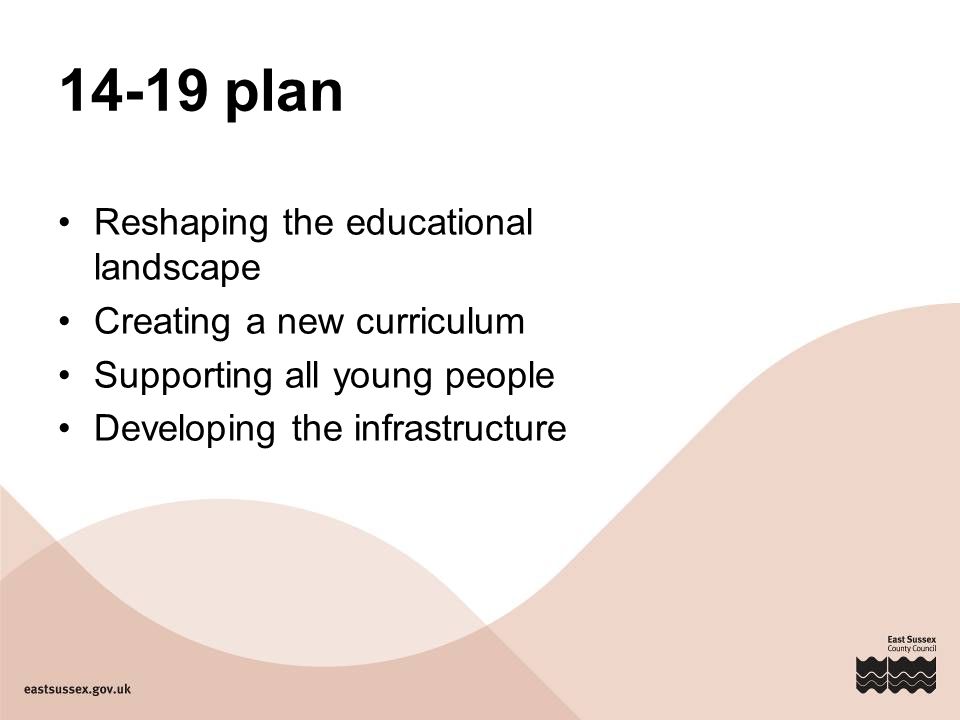 14-19 plan Reshaping the educational landscape Creating a new curriculum Supporting all young people Developing the infrastructure