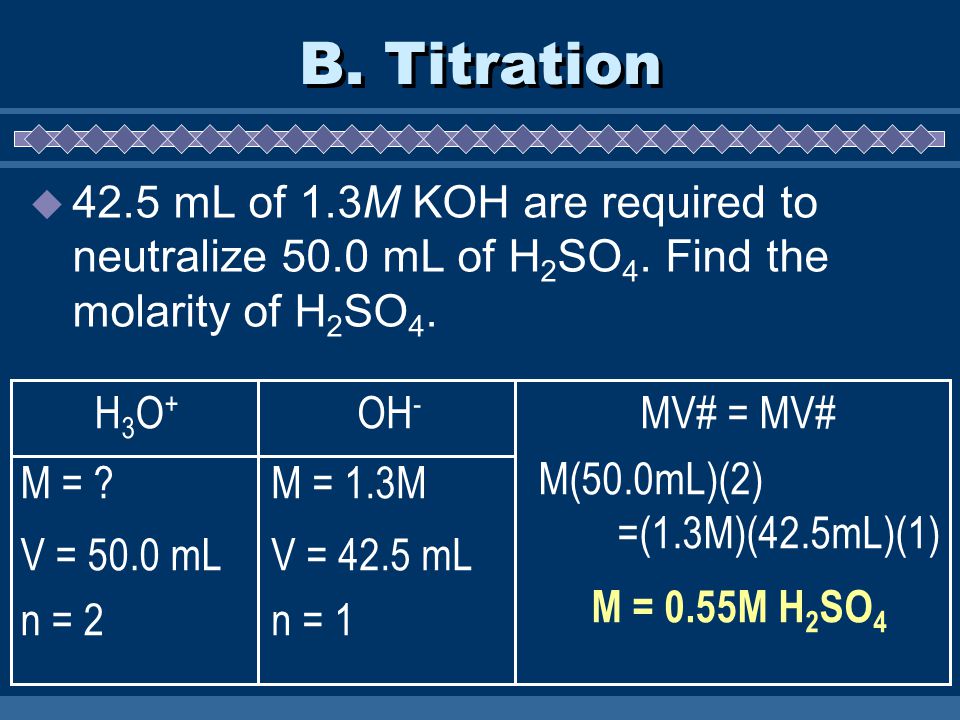 B. Titration  42.5 mL of 1.3M KOH are required to neutralize 50.0 mL of H 2 SO 4.