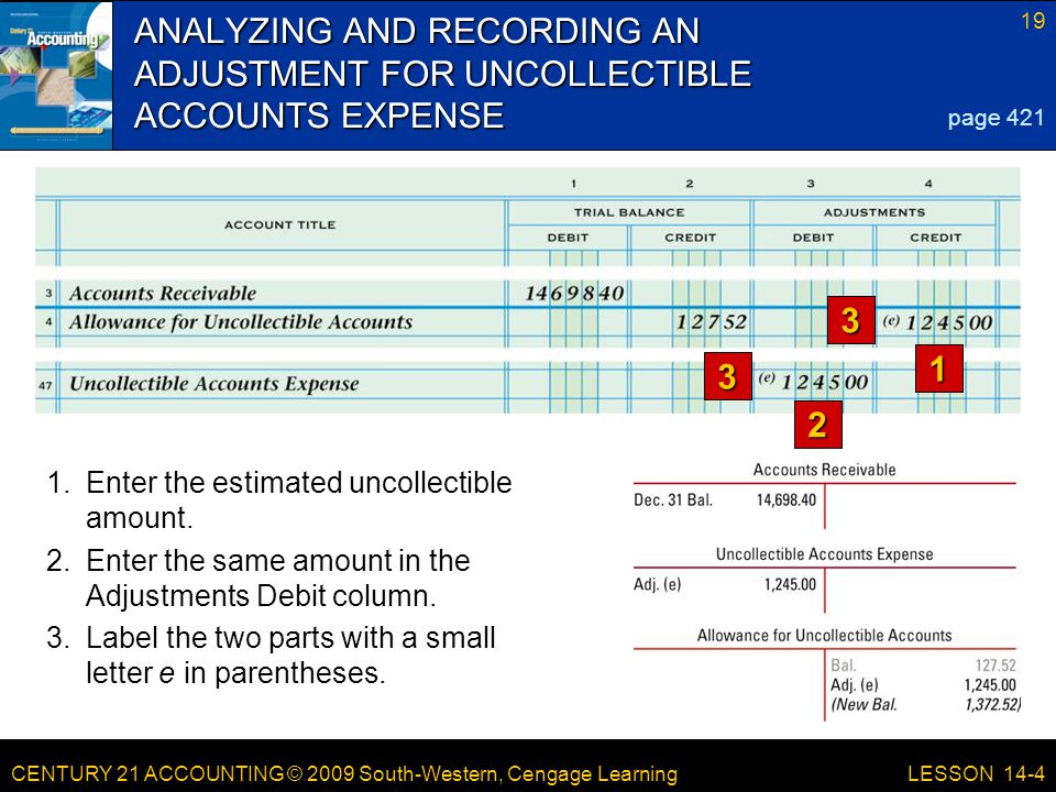 CENTURY 21 ACCOUNTING © 2009 South-Western, Cengage Learning 19 LESSON Enter the estimated uncollectible amount.