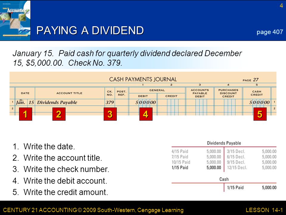 CENTURY 21 ACCOUNTING © 2009 South-Western, Cengage Learning 4 LESSON 14-1 PAYING A DIVIDEND page 407 January 15.