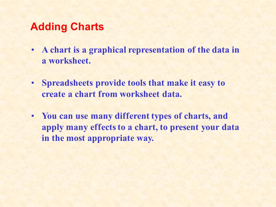 A chart is a graphical representation of the data in a worksheet.