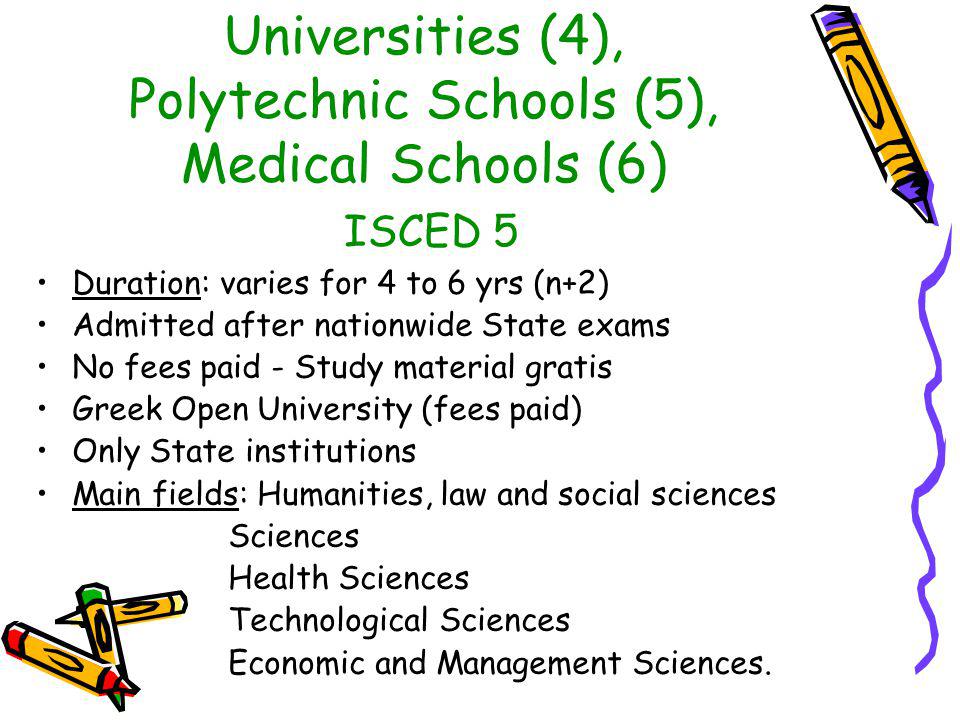 Universities (4), Polytechnic Schools (5), Medical Schools (6) ISCED 5 Duration: varies for 4 to 6 yrs (n+2) Admitted after nationwide State exams No fees paid - Study material gratis Greek Open University (fees paid) Only State institutions Main fields: Humanities, law and social sciences Sciences Health Sciences Technological Sciences Economic and Management Sciences.