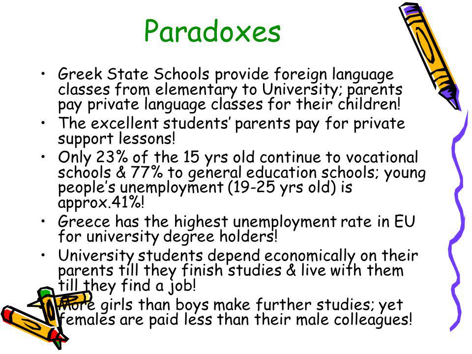 Paradoxes Greek State Schools provide foreign language classes from elementary to University; parents pay private language classes for their children.