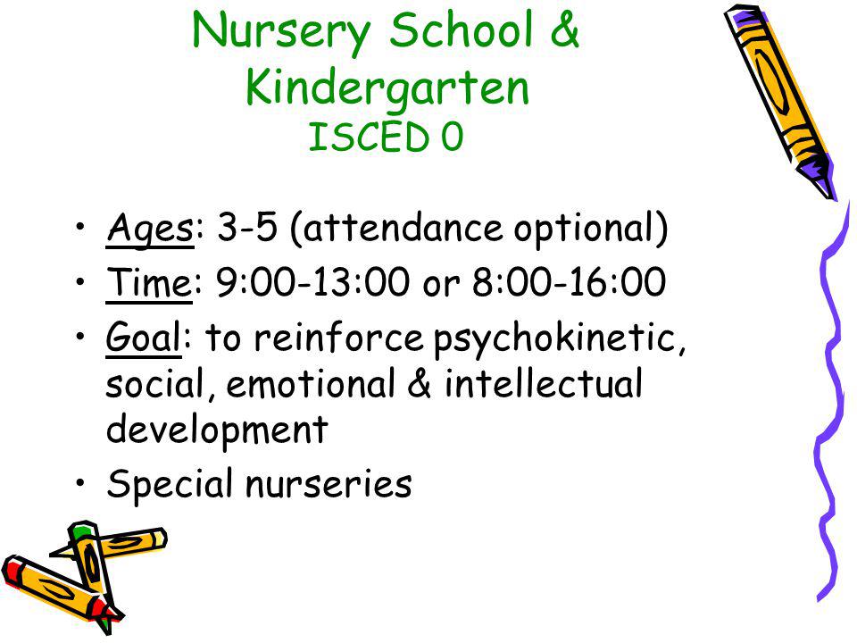 Nursery School & Kindergarten ISCED 0 Ages: 3-5 (attendance optional) Time: 9:00-13:00 or 8:00-16:00 Goal: to reinforce psychokinetic, social, emotional & intellectual development Special nurseries