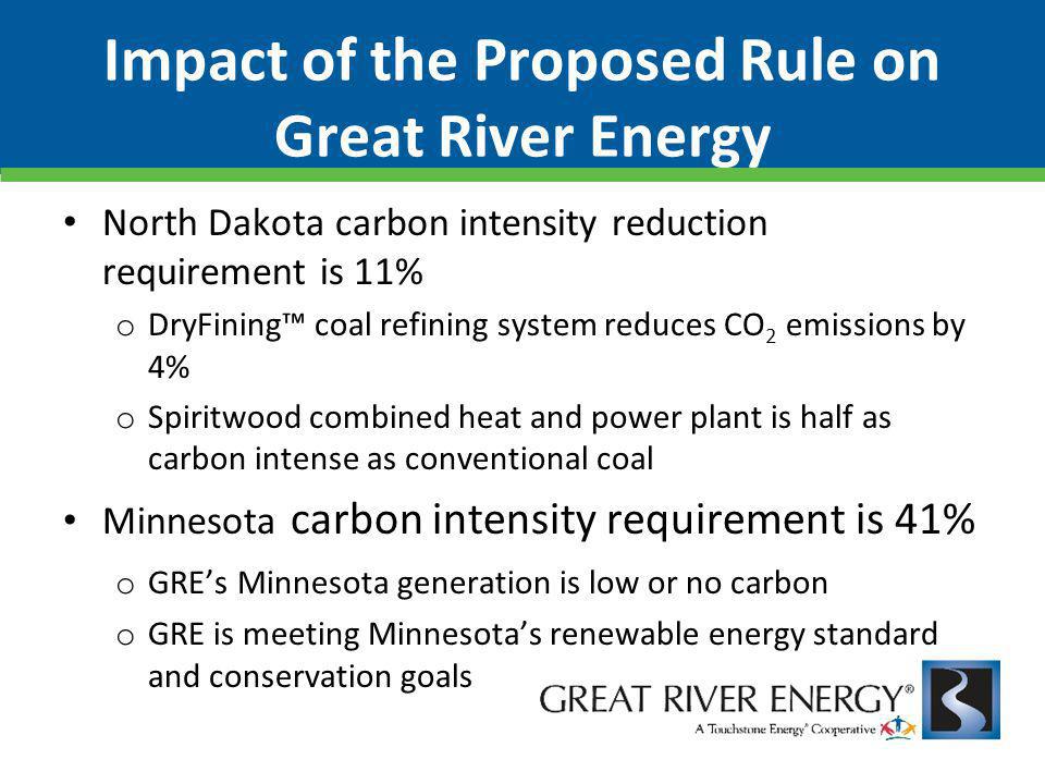 Impact of the Proposed Rule on Great River Energy North Dakota carbon intensity reduction requirement is 11% o DryFining™ coal refining system reduces CO 2 emissions by 4% o Spiritwood combined heat and power plant is half as carbon intense as conventional coal Minnesota carbon intensity requirement is 41% o GRE’s Minnesota generation is low or no carbon o GRE is meeting Minnesota’s renewable energy standard and conservation goals
