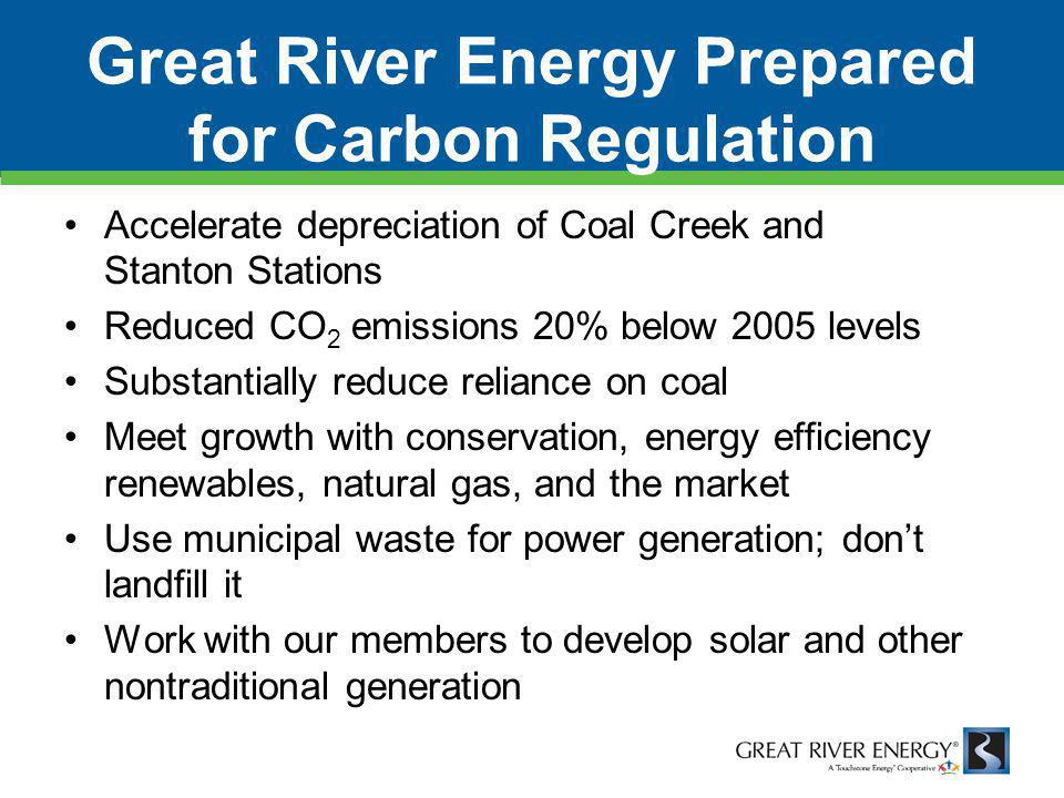 Great River Energy Prepared for Carbon Regulation Accelerate depreciation of Coal Creek and Stanton Stations Reduced CO 2 emissions 20% below 2005 levels Substantially reduce reliance on coal Meet growth with conservation, energy efficiency renewables, natural gas, and the market Use municipal waste for power generation; don’t landfill it Work with our members to develop solar and other nontraditional generation