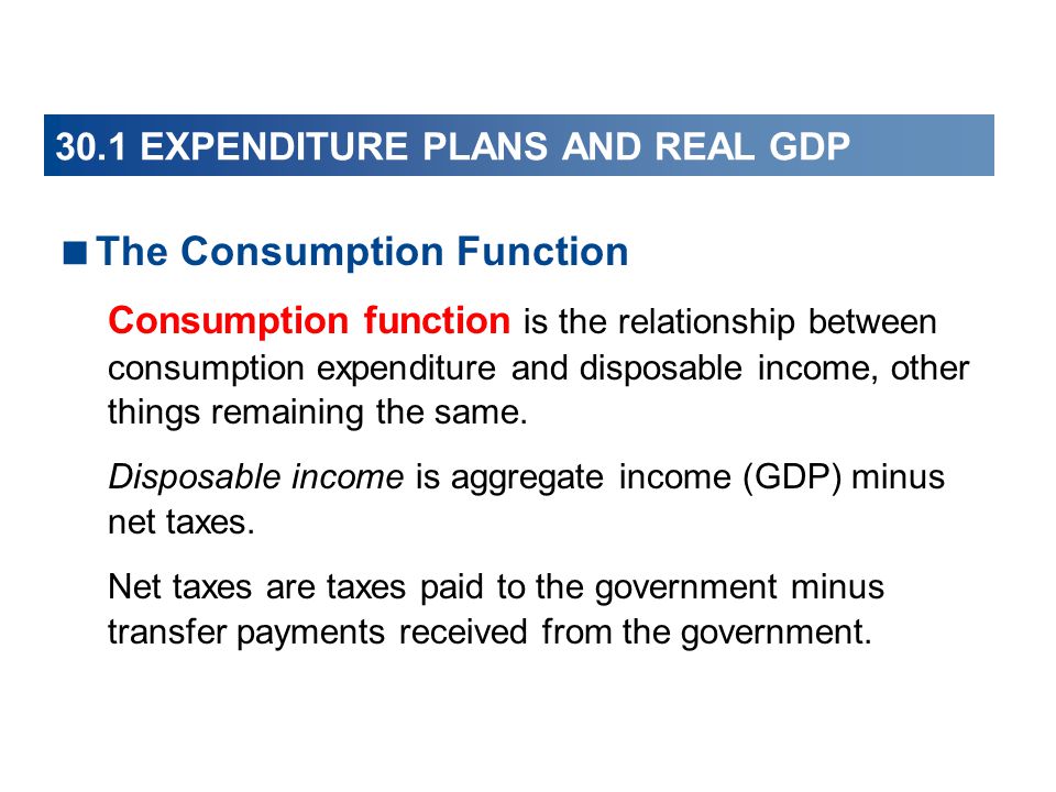 30.1 EXPENDITURE PLANS AND REAL GDP  The Consumption Function Consumption function is the relationship between consumption expenditure and disposable income, other things remaining the same.