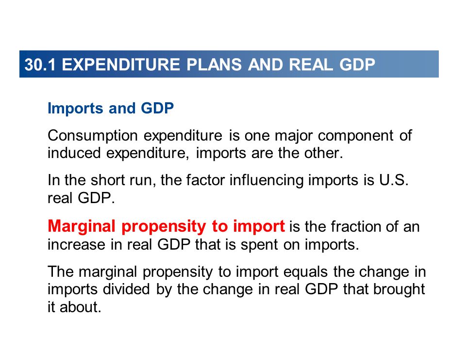 30.1 EXPENDITURE PLANS AND REAL GDP Imports and GDP Consumption expenditure is one major component of induced expenditure, imports are the other.