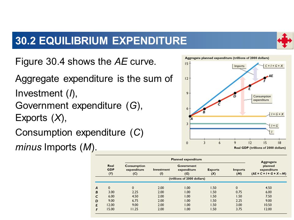30.2 EQUILIBRIUM EXPENDITURE Investment (I), Exports (X), Figure 30.4 shows the AE curve.