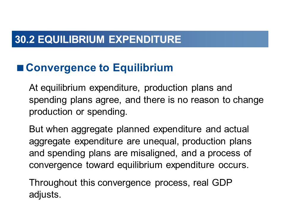 30.2 EQUILIBRIUM EXPENDITURE  Convergence to Equilibrium At equilibrium expenditure, production plans and spending plans agree, and there is no reason to change production or spending.