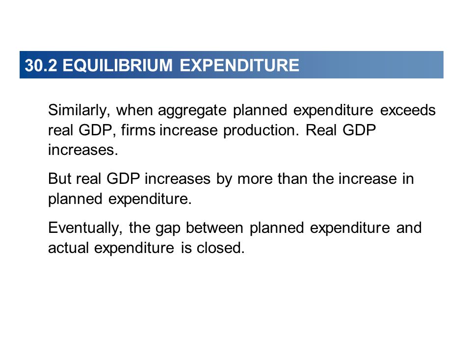 30.2 EQUILIBRIUM EXPENDITURE Similarly, when aggregate planned expenditure exceeds real GDP, firms increase production.