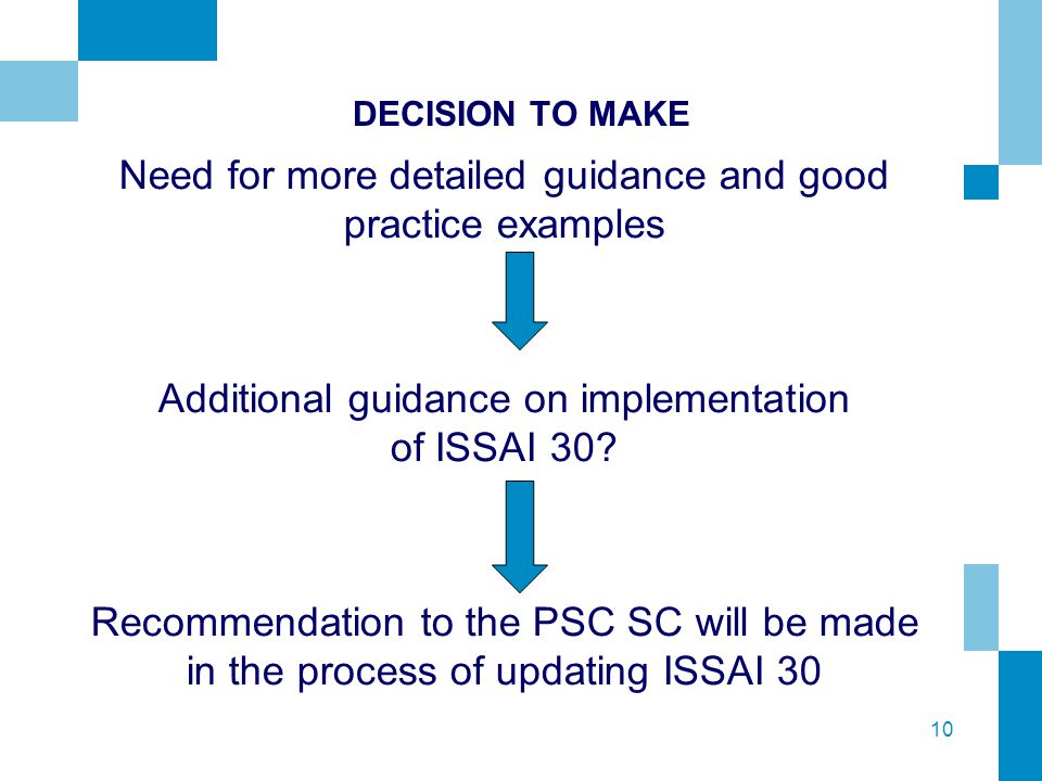 10 DECISION TO MAKE Need for more detailed guidance and good practice examples Additional guidance on implementation of ISSAI 30.